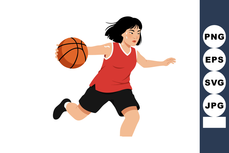 Female basketball player dribbling ball in red jersey and bl