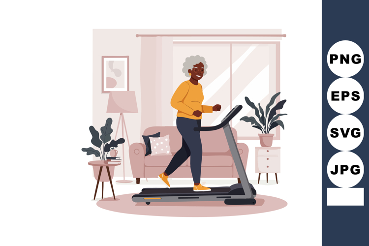 Mature woman exercising on treadmill at home indoor workout