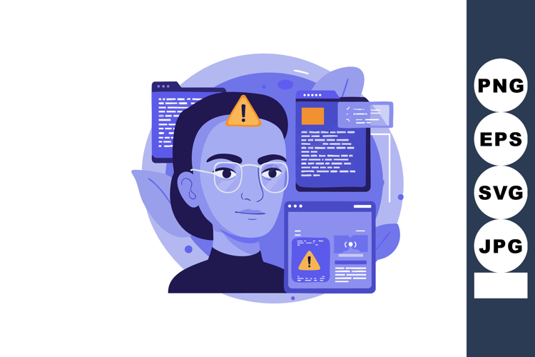 Woman programmer with alert symbols and code screens in blue