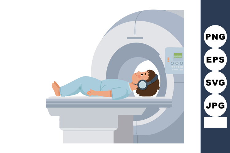 Patient undergoing MRI scan wearing headphones inside modern