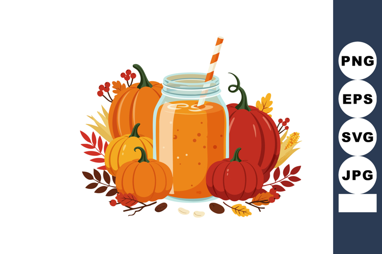 Pumpkin smoothie in glass jar surrounded by autumn pumpkins