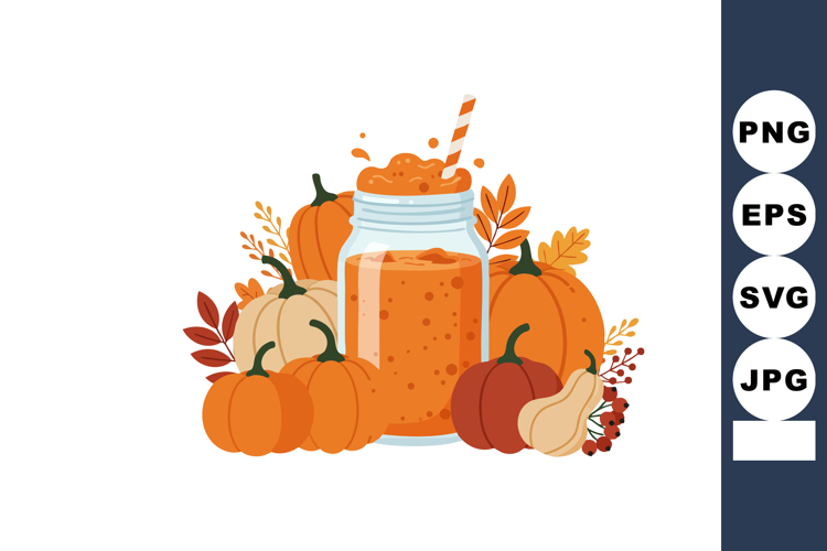 Pumpkin smoothie in mason jar with autumn leaves and various