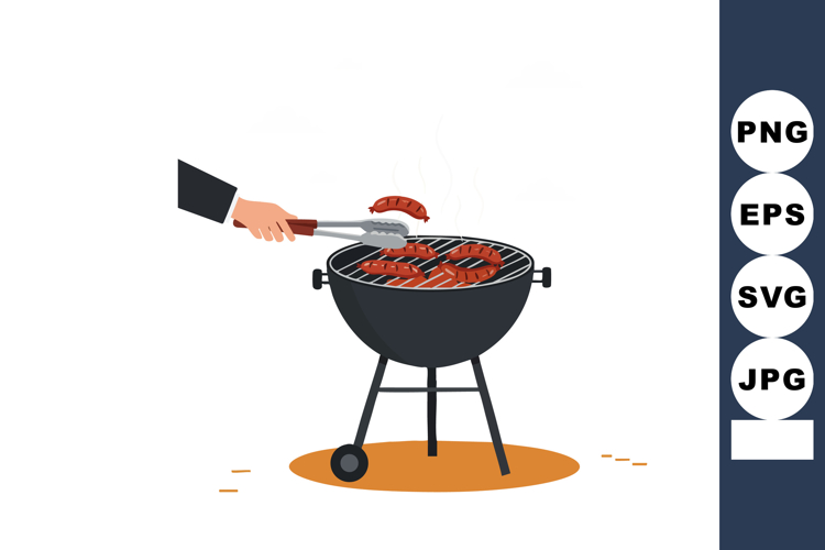 Barbecue grill with sausages being cooked by hand holding to