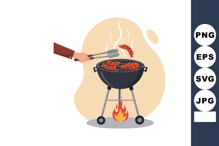 Barbecue grill cooking steak and sausage with flames and ton