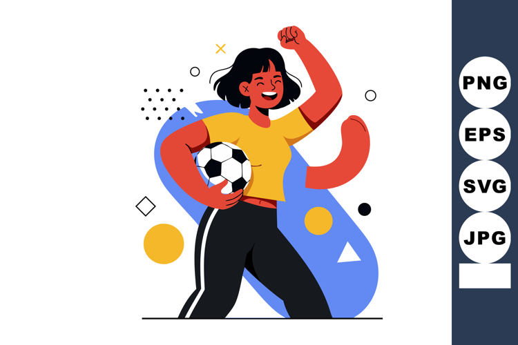 Woman holding soccer ball celebrating victory with raised fi