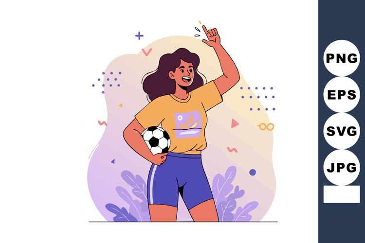 Woman holding soccer ball celebrating sports victory with ha