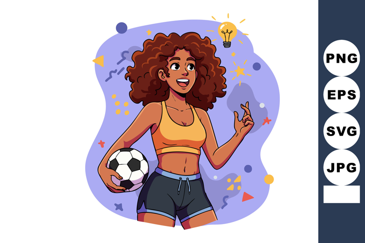 Athletic woman holding soccer ball with bright idea lightbul