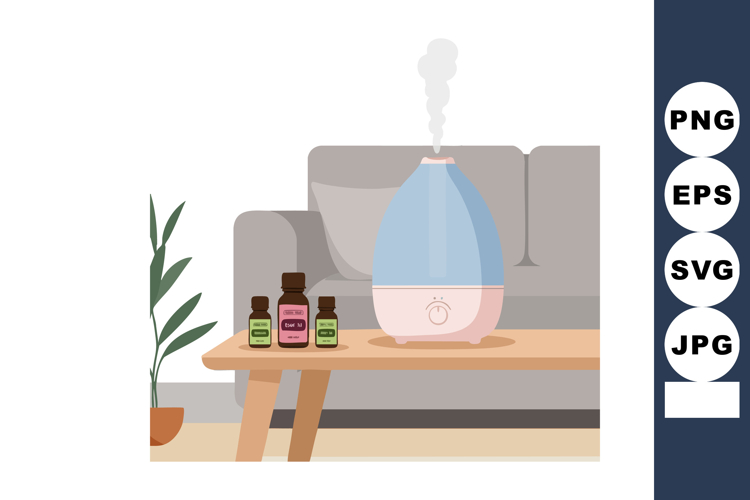 Aroma diffuser with essential oils on wooden table in cozy l