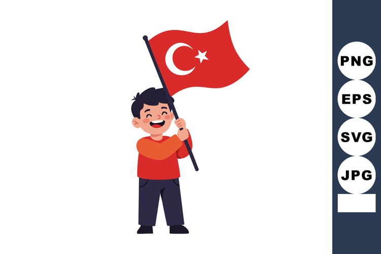 Boy holding waving Turkish flag happy smiling childish patri