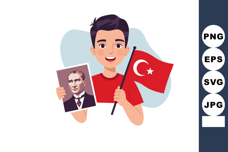 Boy holding Turkish flag and portrait of Mustafa Kemal Atatü