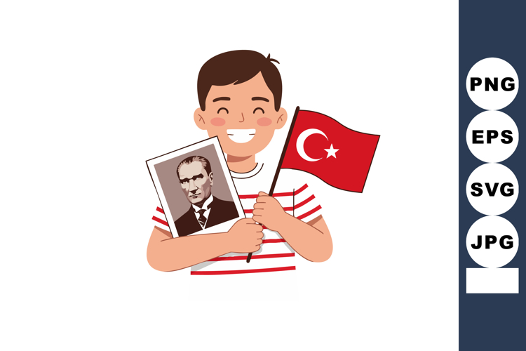 Boy holding Turkish flag and Atatürk portrait celebrating na