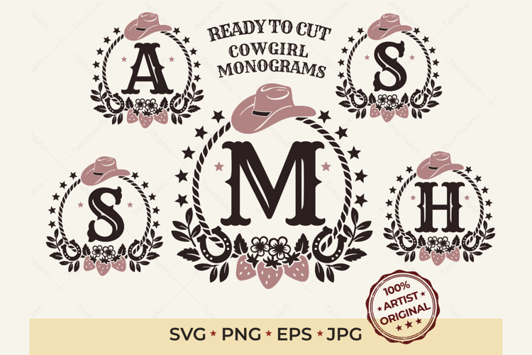 Cowgirl Monogram SVG, Western Alphabet Strawberry Letters