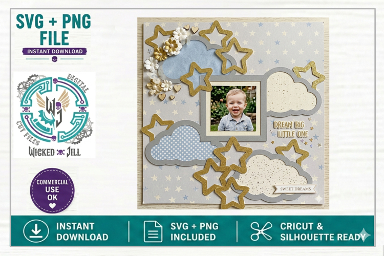 STARS AND CLOUDS SCRAPBOOK TEMPLATE OVERLAY SCG CUT FILE example image 1