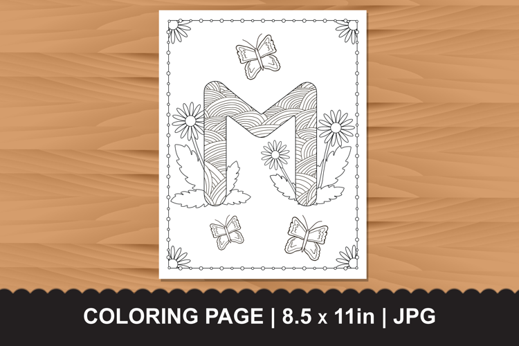 Letter M Coloring Page with Butterflies and Flowers