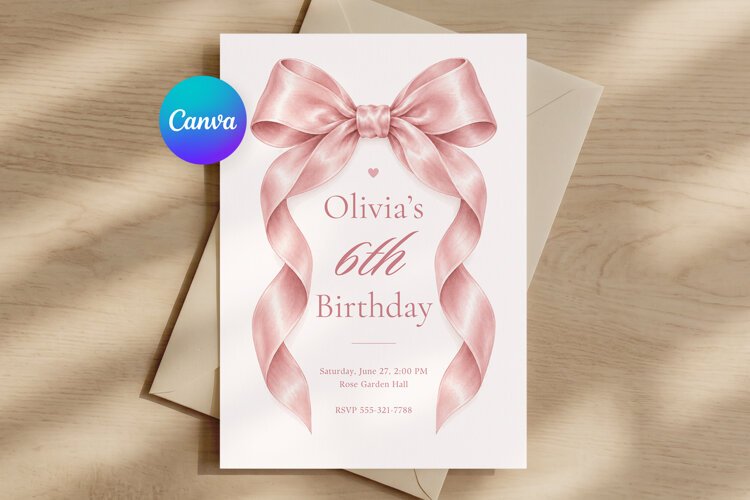 Pink Bow Birthday Invitation Canva Template example image 1