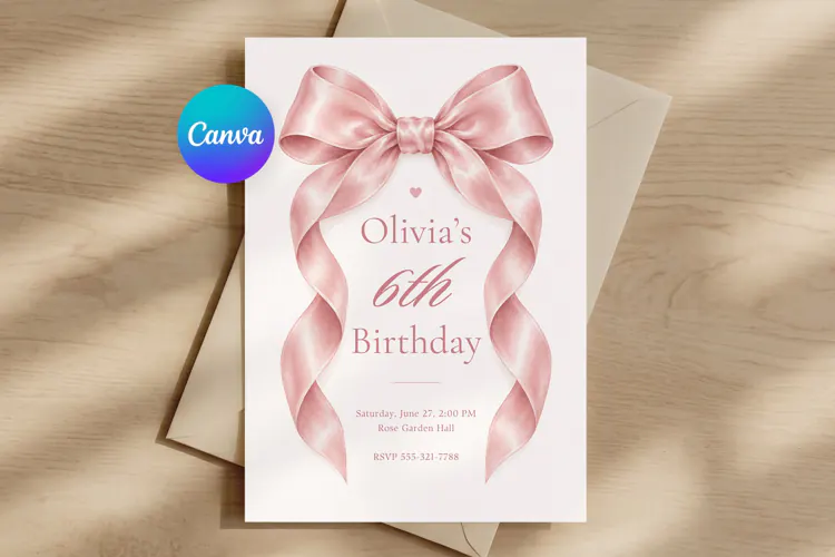 Pink Bow Birthday Invitation Canva Template