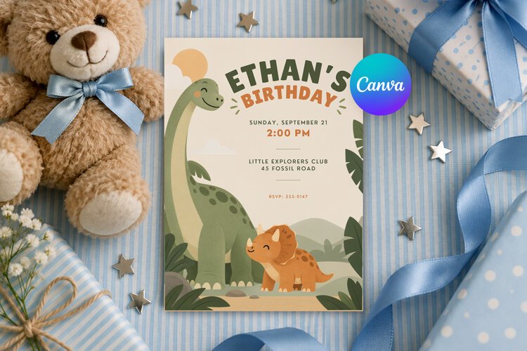 Dinosaur Birthday Invitation Canva Template example image 1