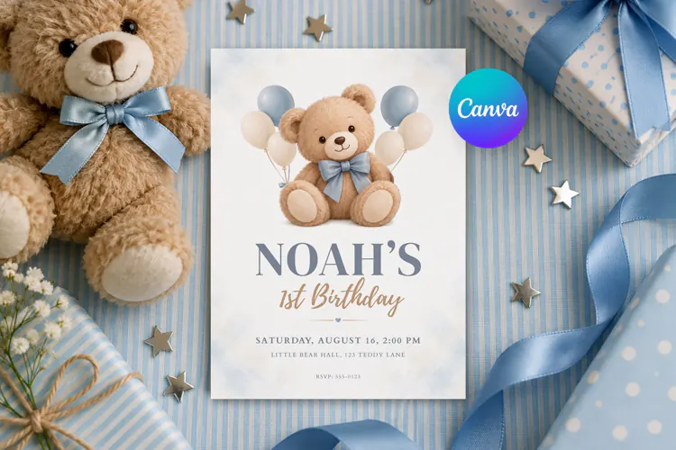 Teddy Bear Birthday Invitation Canva Template