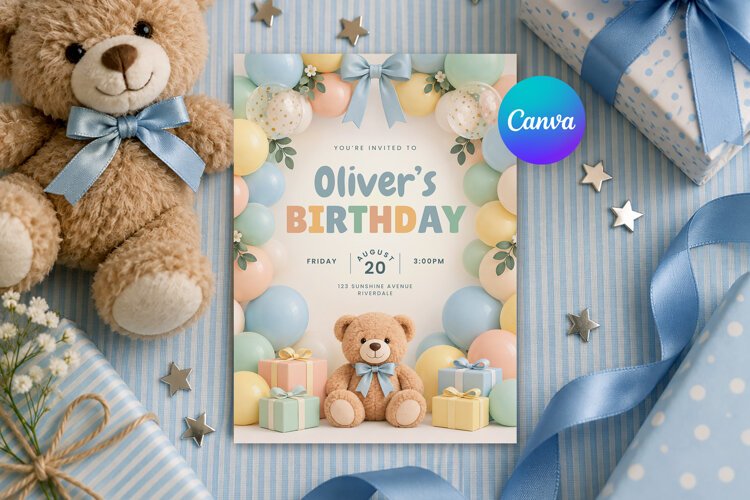 Bear Birthday Invitation Canva Template example image 1