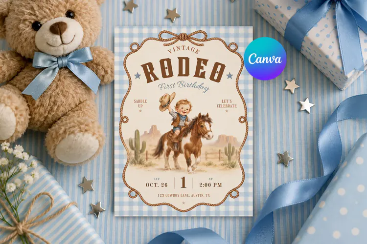 Cowboy Rodeo Invitation Template, Editable Canva