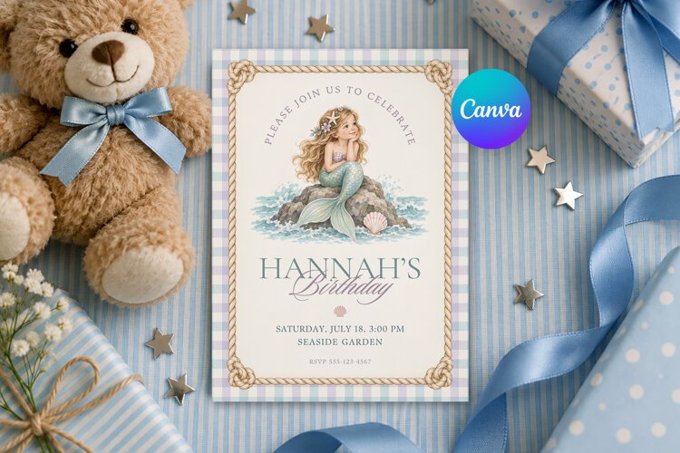 Mermaid Birthday Invitation Canva Template example image 1