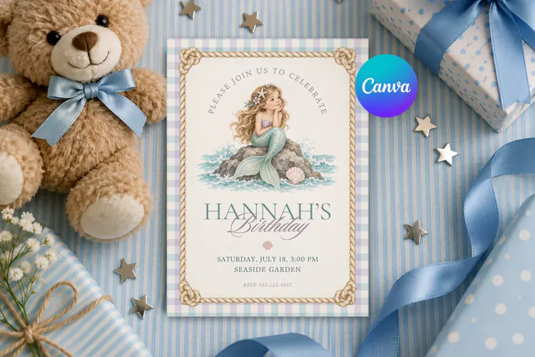 Mermaid Birthday Invitation Canva Template