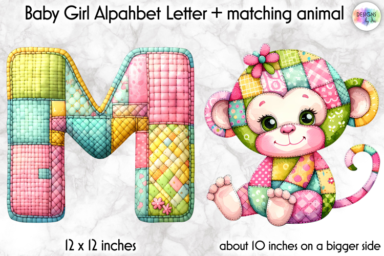 Cute Patchwork Baby Alphabet and Baby Animals PNG, Monogram