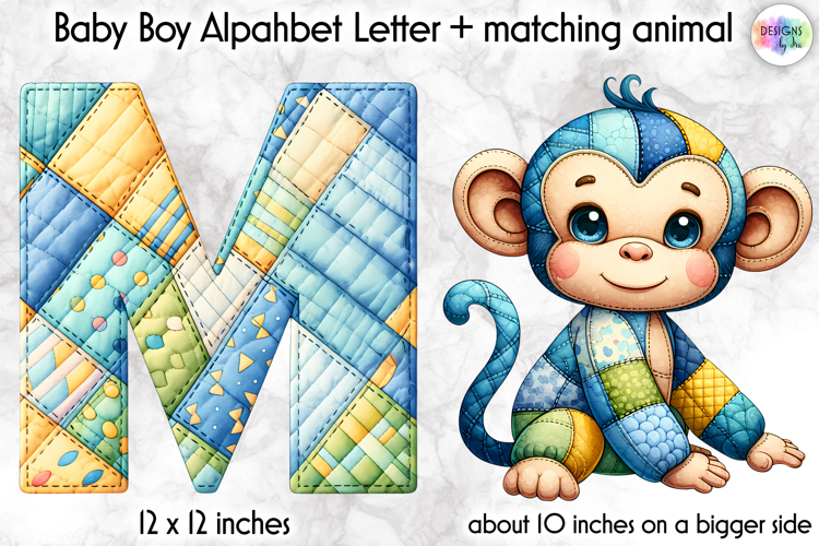 Cute Patchwork Baby Alphabet and Baby Animals PNG, Monogram
