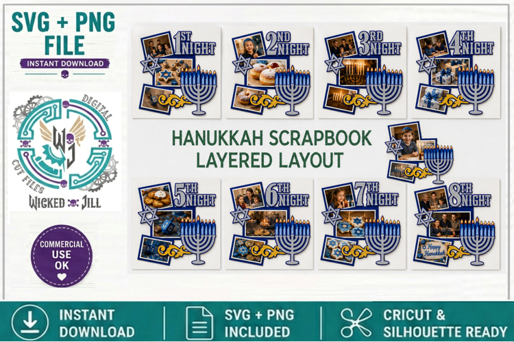 SCRAPBOOK HANUKKAH SQUARE LAYOUT OVERLAY CUT FILE SVG PNG