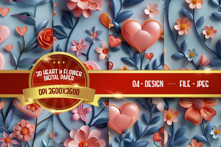 3D Heart And Flower Digital Paper
