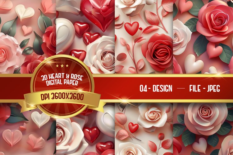 3D Heart And Rose Digital Paper