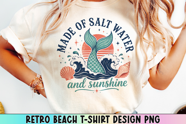 Retro Beach T Shirt Design, Distressed Coastal Sublimation.