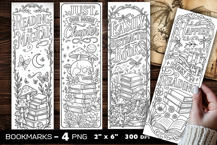 Magic books coloring bookmark, Mushrooms and books bookmarks