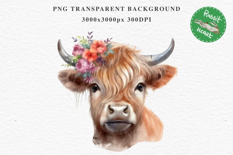 Cute Baby Highland Cow in Hat Floral Watercolor Clipart PNG