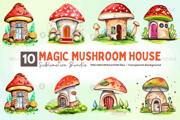 Watercolor Magic Mushroom House Clipart Bundle