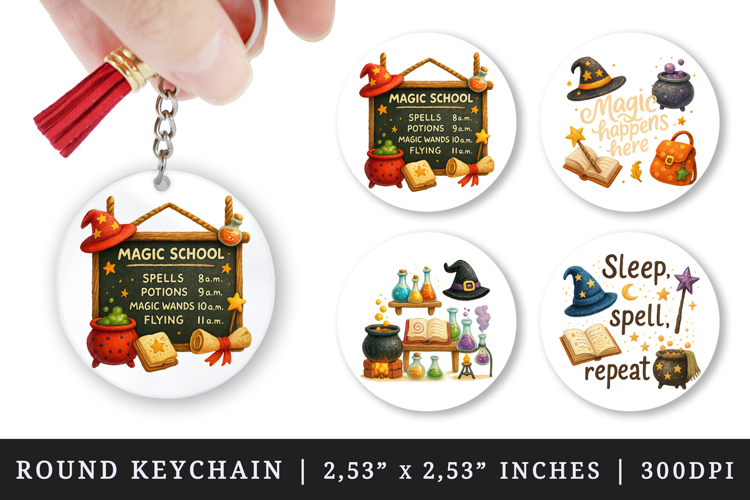 Magic School round keychain pintable sublimation design png