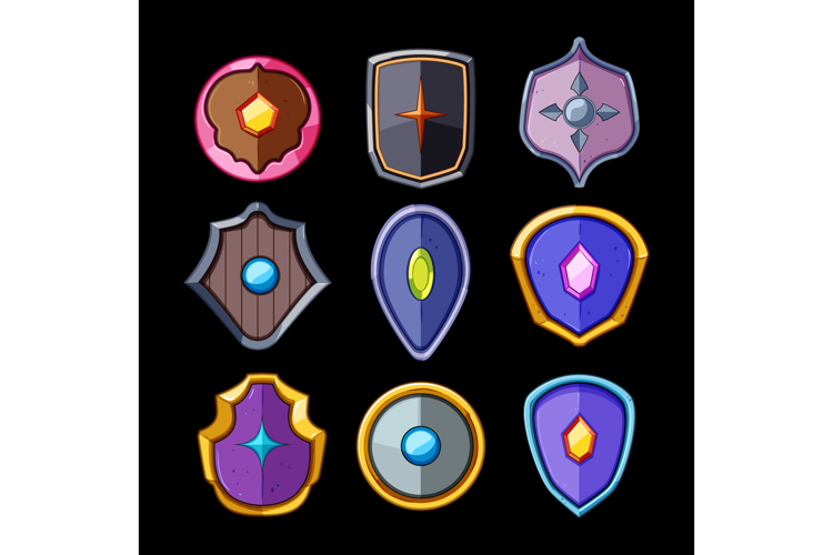 Colorful vector cartoon fantasy shields set for game interfa