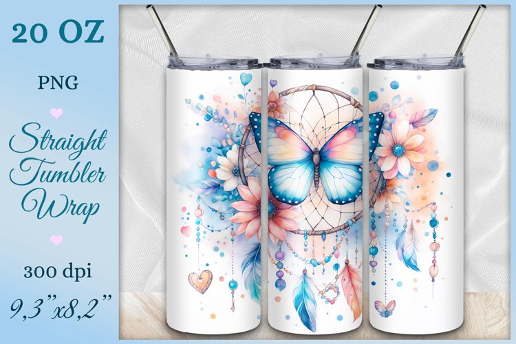 Tumbler Wrap, Dreamcatcher and Butterfly, Watercolor, Png