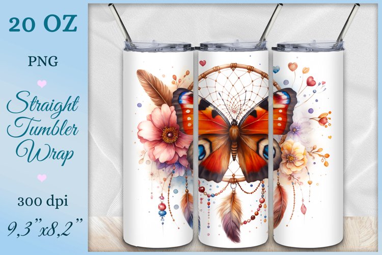 Tumbler Wrap, Dreamcatcher and Butterfly, Watercolor, Png