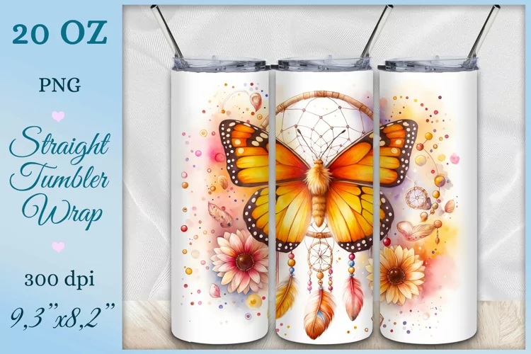 Tumbler Wrap, Dreamcatcher and Butterfly, Watercolor, Png