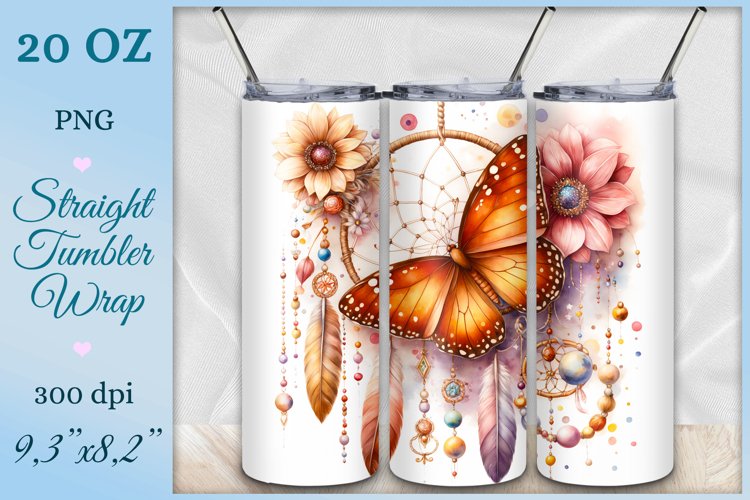 Tumbler Wrap, Dreamcatcher and Butterfly, Watercolor, Png