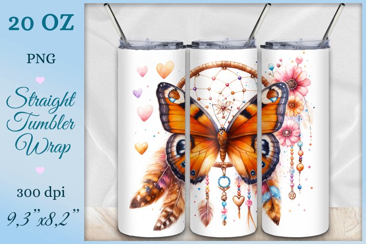 Tumbler Wrap, Dreamcatcher and Butterfly, Watercolor, Png