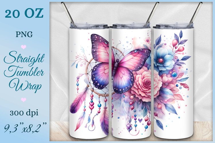 Tumbler Wrap, Dreamcatcher and Butterfly, Watercolor, Png