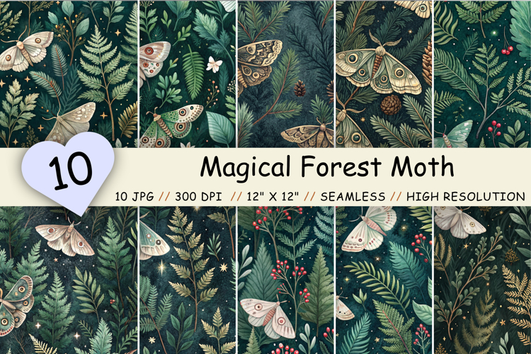 Magical Forest Moth Seamless Pattern, Evergreen Botanical