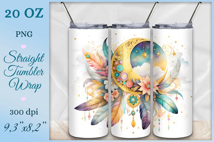 Tumbler Wrap, Boho Moon, Watercolor, Sublimation Design