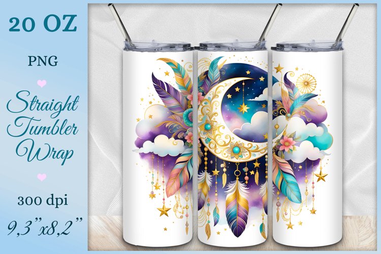 Tumbler Wrap, Boho Moon, Watercolor, Sublimation Design