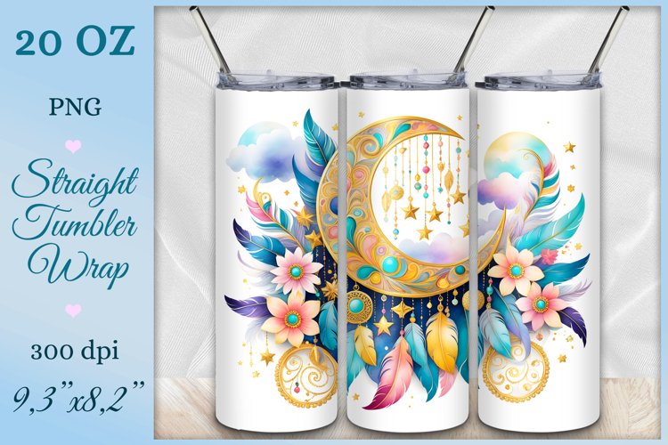 Tumbler Wrap, Boho Moon, Watercolor, Sublimation Design