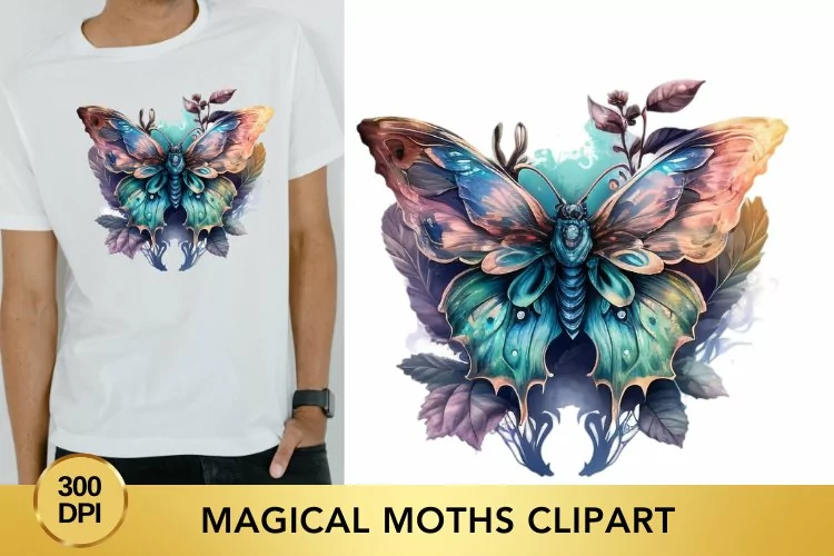 Magical Moths Watercolor Clipart, Moths Fantasy Png