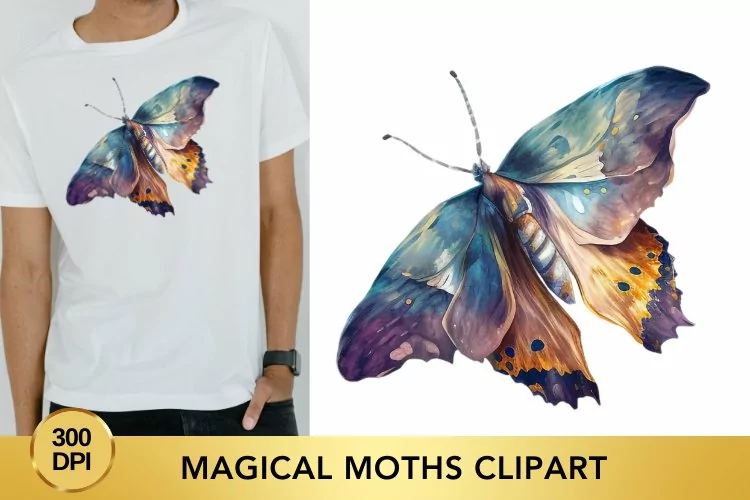 Magical Moths Watercolor Clipart, Moths Fantasy Png
