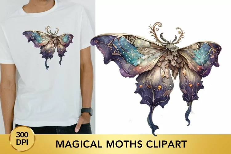 Magical Moths Watercolor Clipart, Moths Fantasy Png
